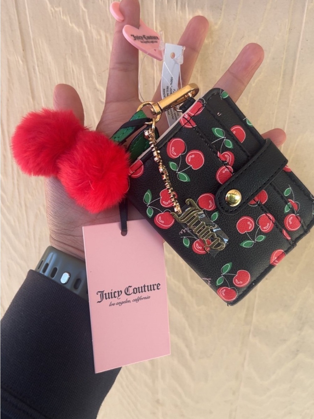 Juicy Couture Black Cherry Print Card Holder with Red Pom Pom Charm